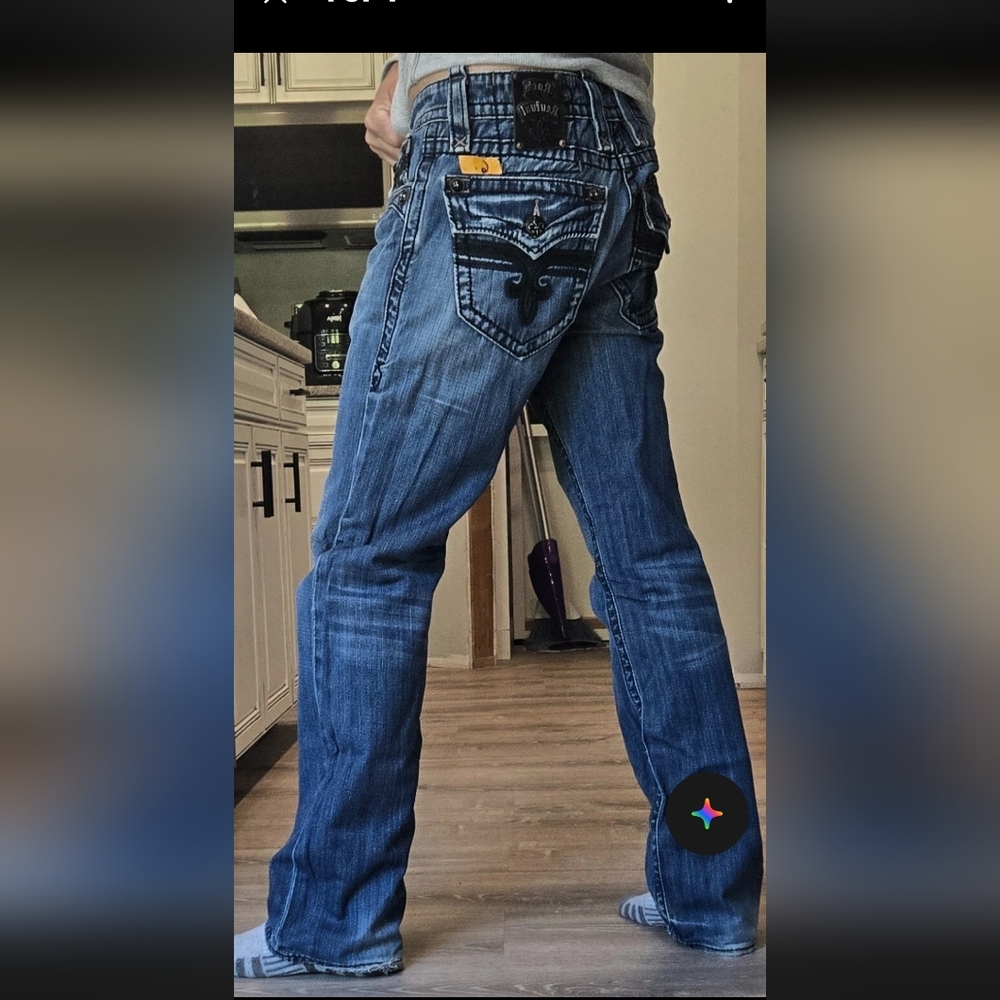Mens Rock Revival "JOHN" Straight Blue Jeans With BLACK STITCHING 32 X 32